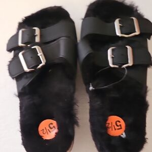 New Black Furry Women's Sandals